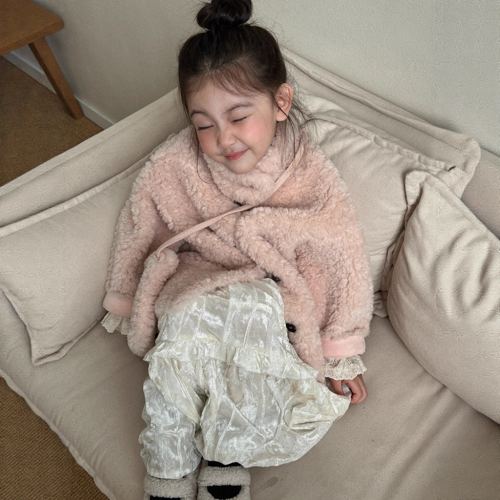 Girls' Outwear 2025 Winter New Style Kidsren's Korean Style High-Quality Pink Fur One-Piece Mid-Length Outwear with Bag
