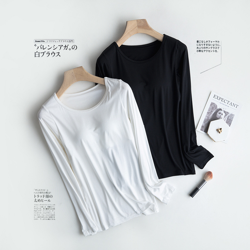 Modal women's long-sleeved T-shirt with chest pad bra-free wireless round neck yoga pajamas underwear slim bottoming shirt