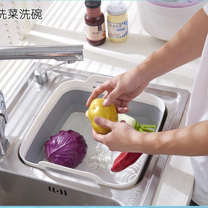 Cross-border folding basin plastic sink kitchen drain basket square dish washing basin folding bucket telescopic fruit and vegetable toy storage
