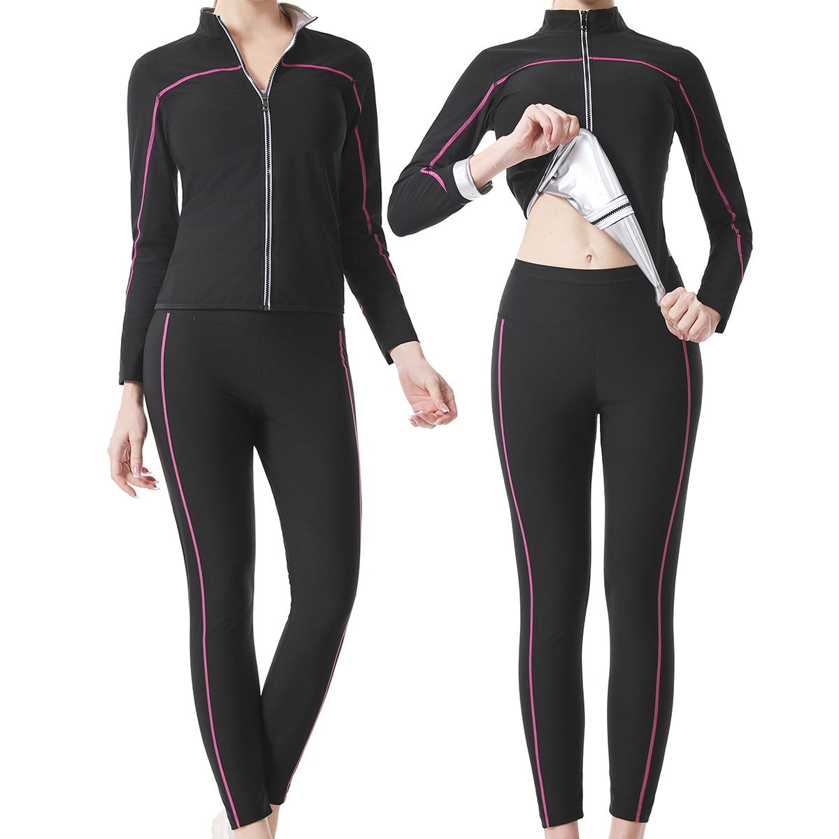 Cross-Border Shapewear, Sweat-Inducing High-Waisted Tummy-Tightening Pants, Yoga Clothing Suit, Sports Sweat-Inducing Zipper Long-Sleeved Fitness Sweat Suit