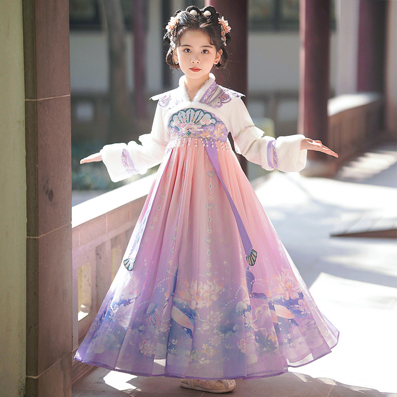Han Dynasty Girls Autumn and Winter 2025 New Style Princess Dress Fleece-Lined Kidsren's Chinese Style Tang Suit Girl Skirt
