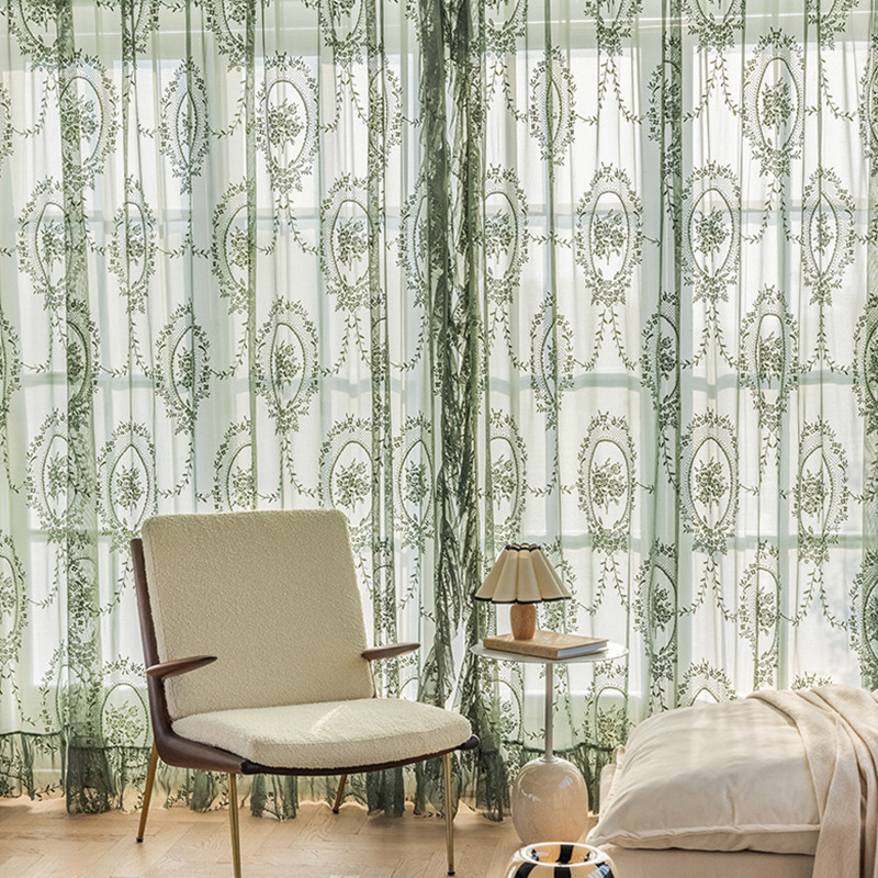 French Vintage Curtain Gauze Curtain Green Lace Princess Wind Gauze Curtain Light Luxury Light Transparent Curtain Window Screen Fabric