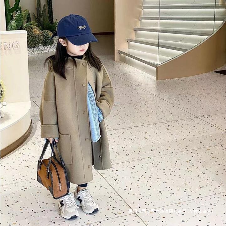 2024 Korean Style Double-Sided Woolen Outwear, Medium and Large Children's Woolen Outwear, Autumn and Winter Cashmere Outwear, Western Style Concealed Button Outwear