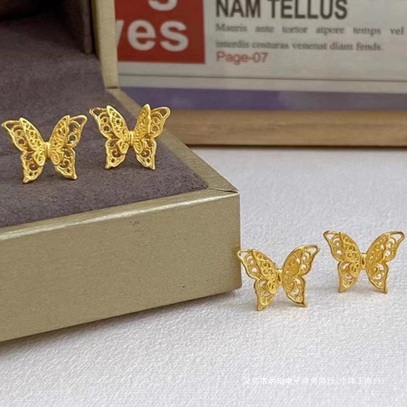 Authentic 9999 Pure Gold Lace Butterfly Earrings for Women 2024 New Gold Double-Layer Cut Out Filigree Butterfly Bingpo