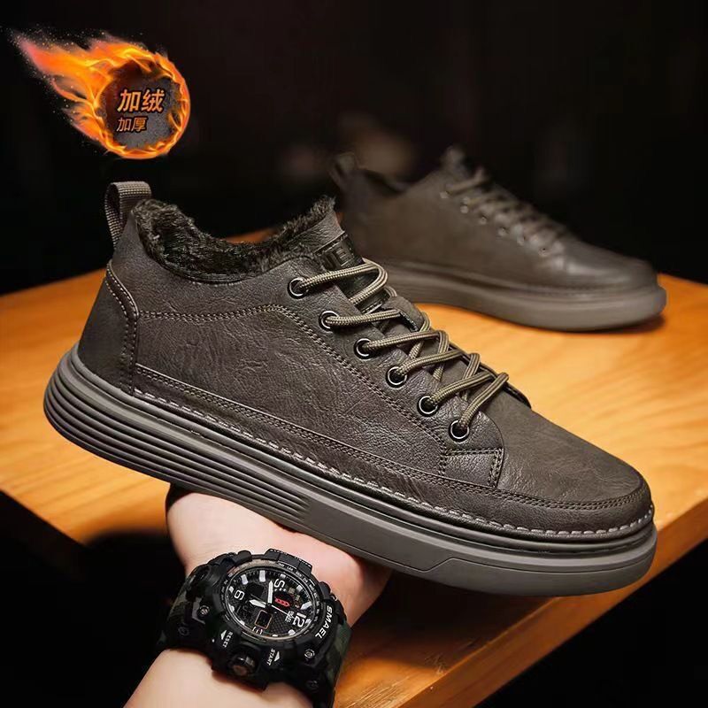 Winter men's shoes fleece-lined chef shoes men's Korean-style versatile non-slip black leather shoes casual thick warm cotton shoes men