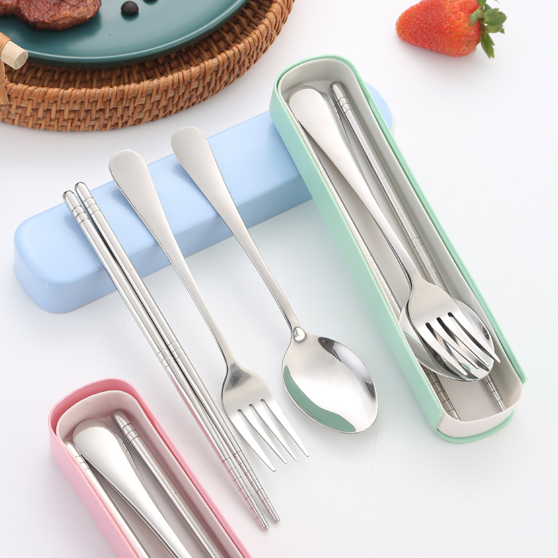 Portable Stainless Steel Tableware Set 304 Tableware Three-Piece Set Chopsticks Spoon Fork Combination Student Company Gift Travel