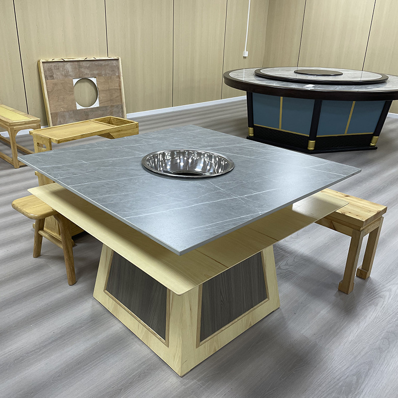 Solid Wood Hot Pot Table Induction Cooker Integrated Barbecue Meat Table Commercial Catering Slate Marble with Turntable All Solid Wood