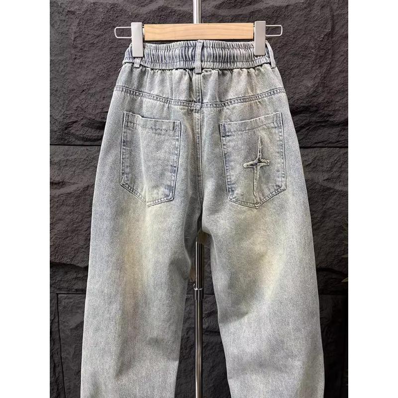 American Retro Washed Embroidered Jeans Men's Trendy High Street Loose Straight Wide-Leg Pants Men's Floor-Length Trousers