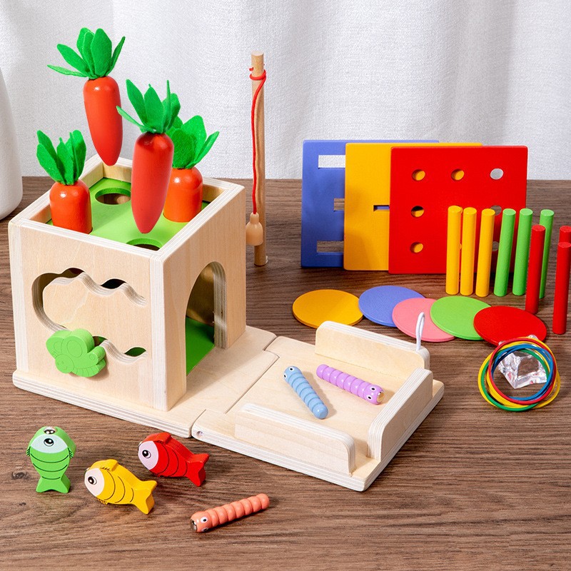 Children's Montessori four-in-one shape matching coin box stick pulling radish fishing building blocks game wooden toys