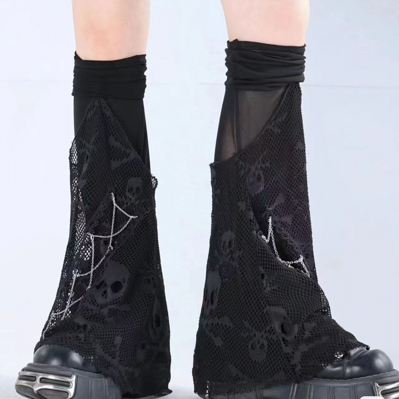 Skull Over-The-Knee Leg Warmers, Sexy High Stockings, Hollow Dark Subculture Calf Socks, Mesh Flared Pile Socks