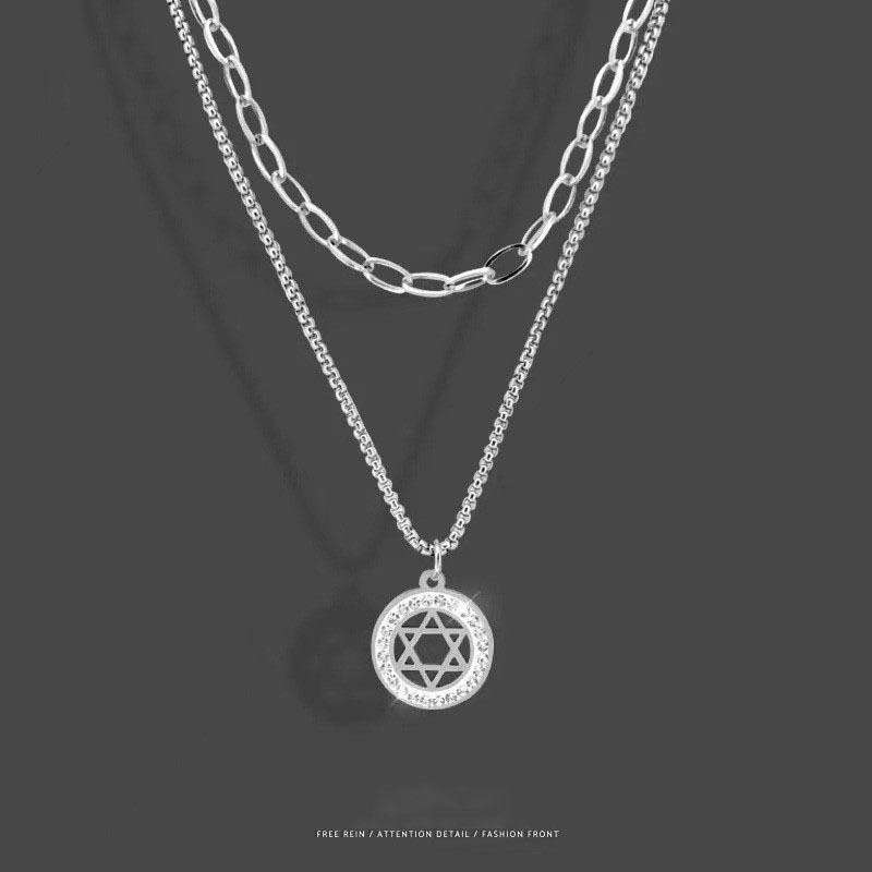 Ожерелье с кулоном в форме звезды Давида с стразами двойного слоя хип-хоп дизайн титановой стали для мужчин и женщин не выцветает вселенная