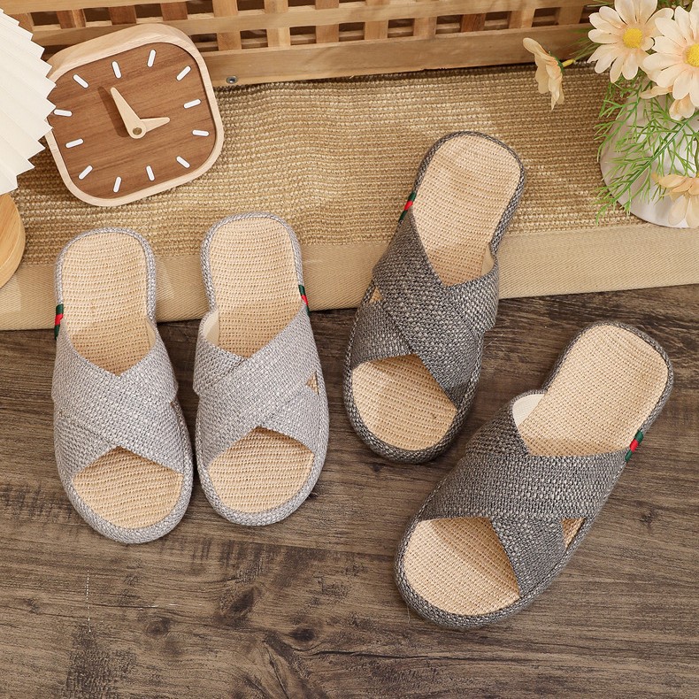 Home Non-slip Quiet Four Seasons Home Linen Cross-mop Linen Slippers Women's Summer Indoor Men's Breathable Thick Bottom