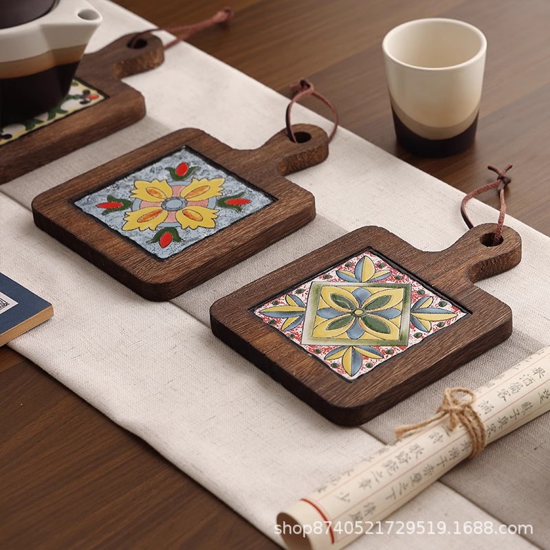 Japanese Style Solid Wood Tile Heat Insulation Pot Mat Home Vintage Dining Mat Sand Pot Mat High Temperature Resistant Kitchen Table Mat Coaster
