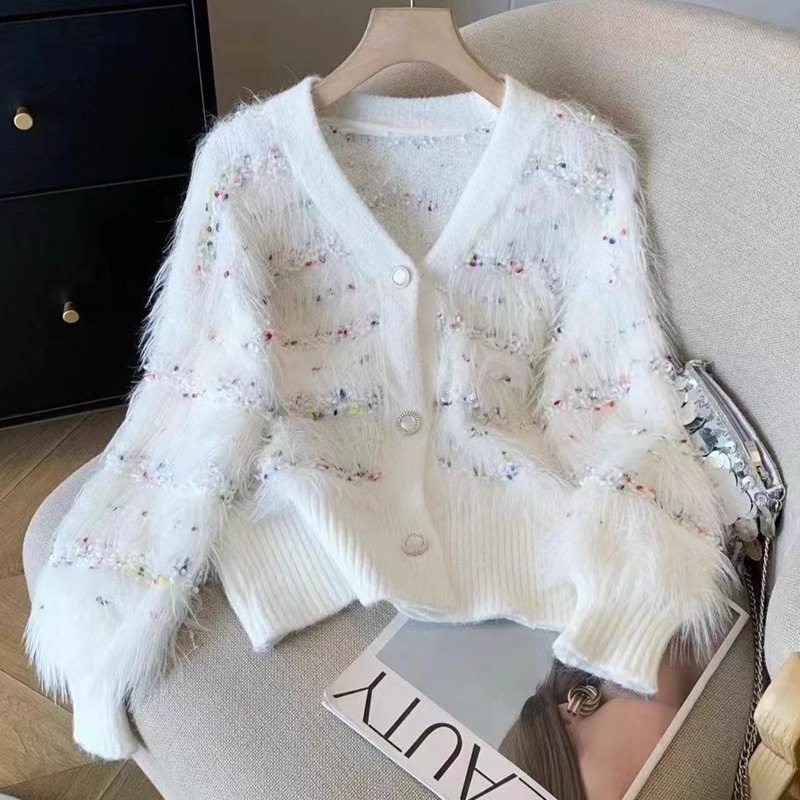 2025 Autumn and Winter Popular Imitation Mink Velvet Color Dot Knitted Jacket Cross-Border Lazy Style V Neck Cardigan Fashionable Soft Waxy Sweater