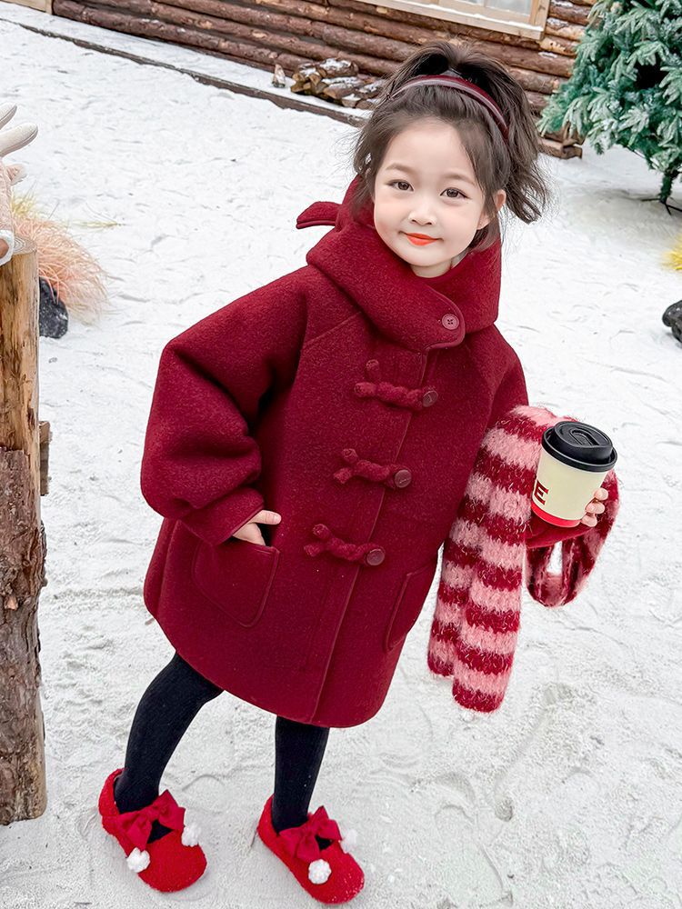 Girls' Woolen Outwear Autumn and Winter 2025 New Kidsren's New Year's Clothing Baby Fleece-Lined Red Woolen Outwear Mid-Length