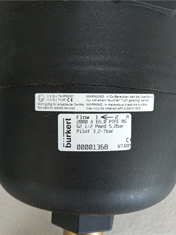 Burkert 2000 Pneumatic Angle Seat Valve G21/2*2/2 Normally Closed, Dn65, Ptfe Burkert 00001368