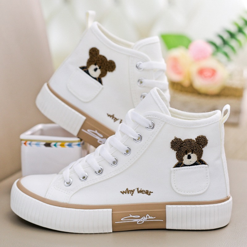Pocket Bear High-Top Shoes Women's Canvas Shoes Versatile Korean Style Sneakers Black Shoes Cross-Border Export Wholesale Large Size Shoes M10