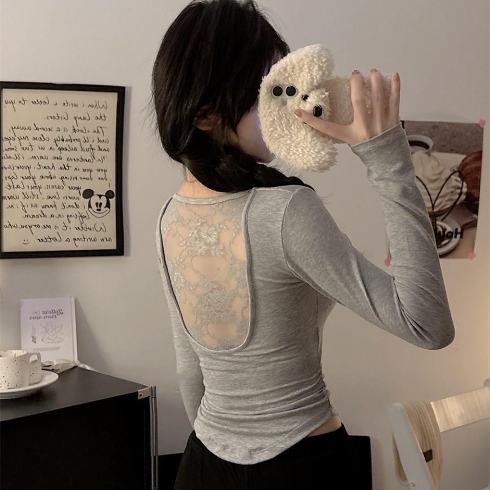 5165 Pure Desire Hollow Design Sexy Backless Lace Patchwork Long Sleeve Slim Fit Base Layer Hot Girl Top for Autumn and Winter