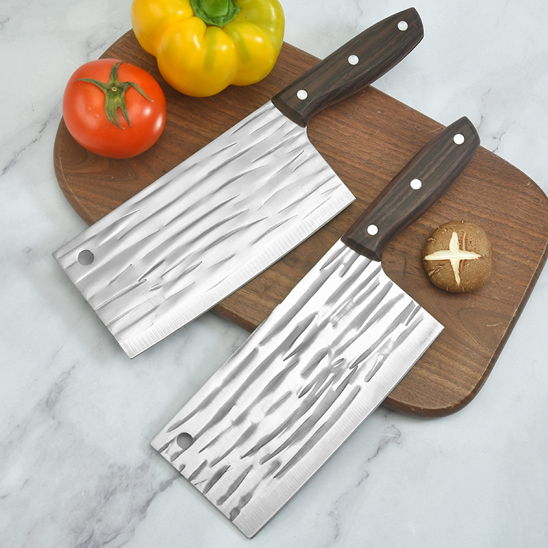 Wood Grain Household Handle, Hand-Forged Hammer Pattern Kitchen Knife for Cutting Vegetables, Slicing, Chopping, Sharp Dual-Purpose Knife for Women