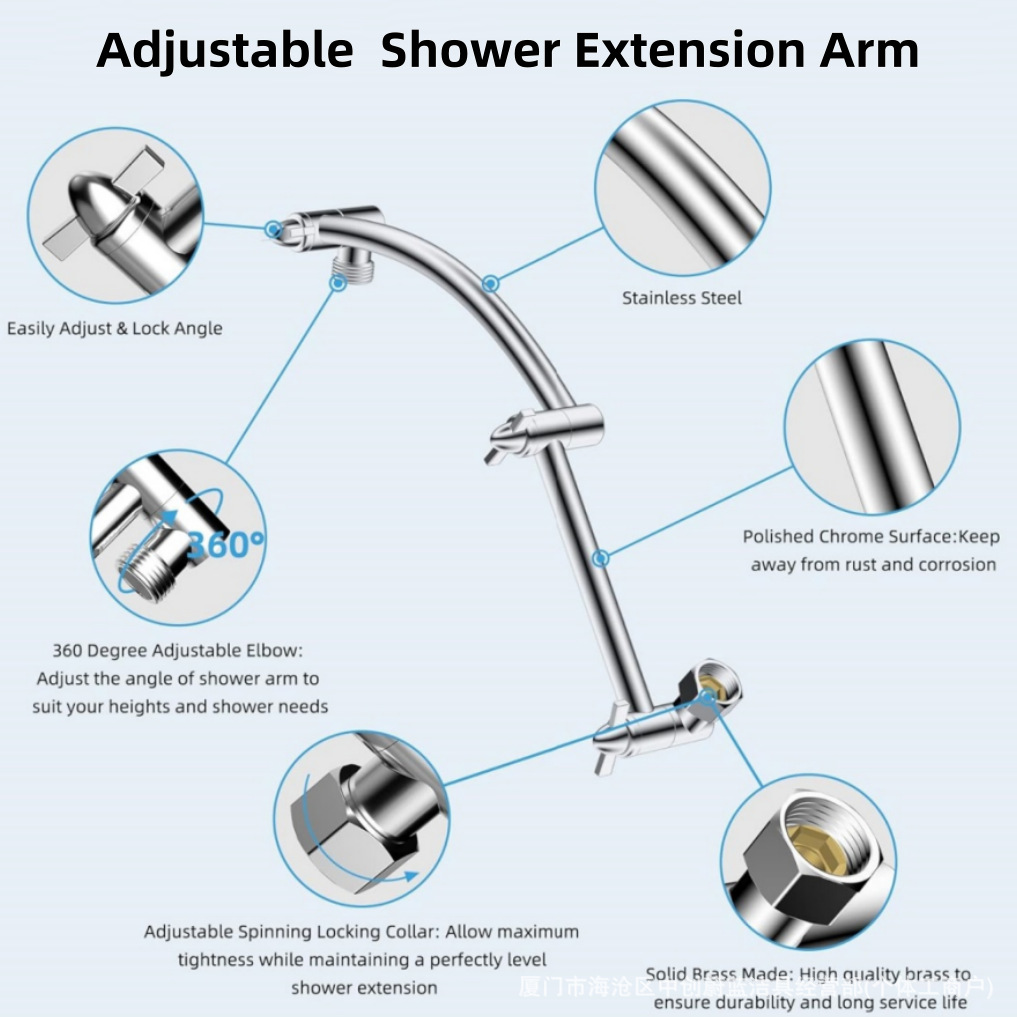 Curved Double-Pole Shower Extension Rod, Shower Head Connection, Adjustable Shower Arm Bracket with Toothed Extension Rod