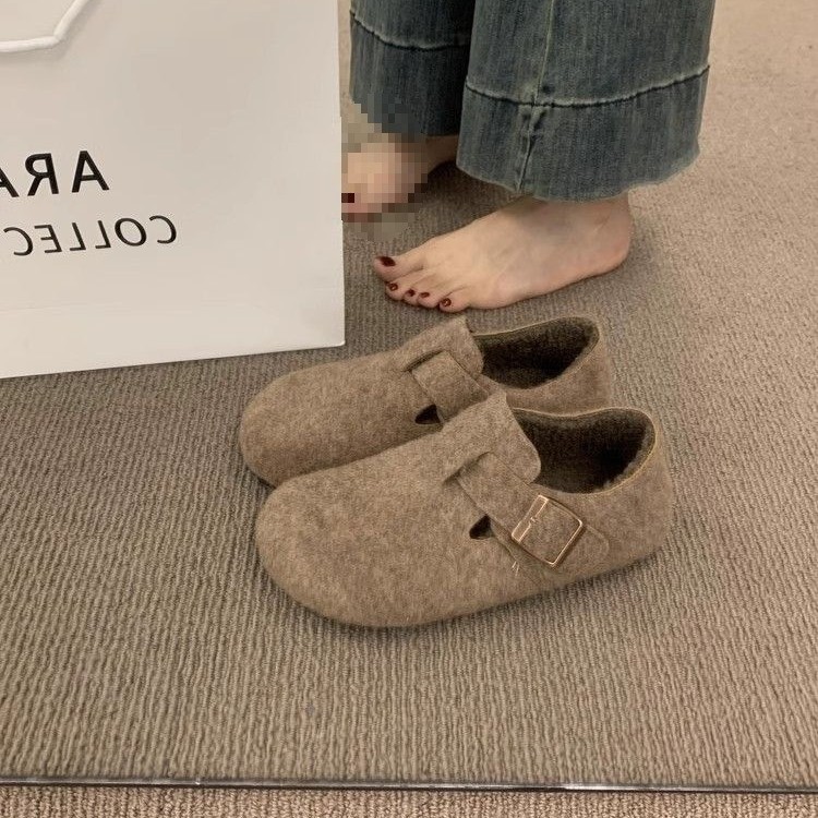 2025 New Autum Style French Retro Outer Wear Round-Toe Felt Fleece-Lined Birkenstock Shoes for Women, One-Legged Warm Cotton Scoop Shoes