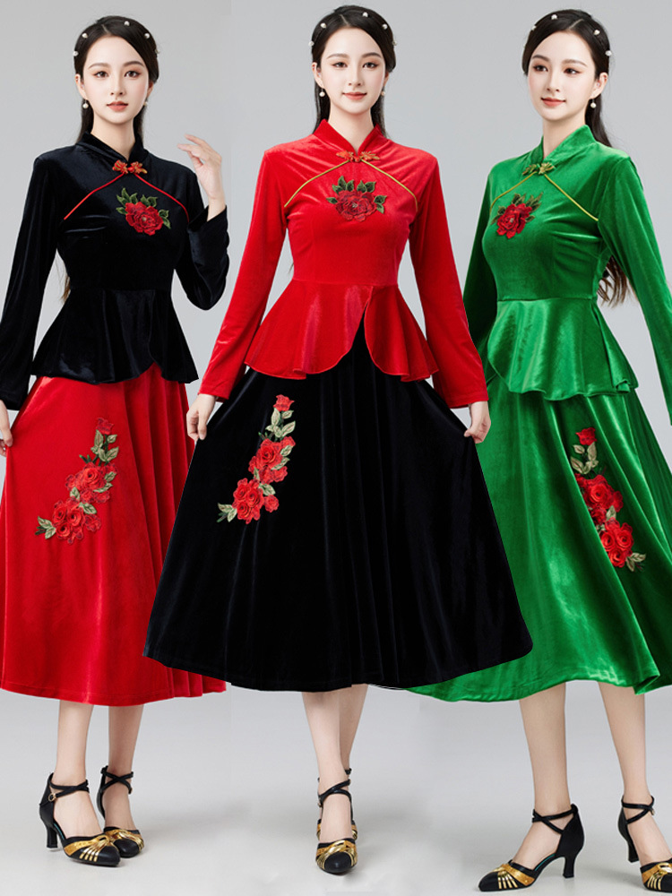 New Square Dance Clothing Xizang Ethnic Style Embroidery Middle-aged and Elderly Classical Dance Table Performance Clothing suit Women's Clothing