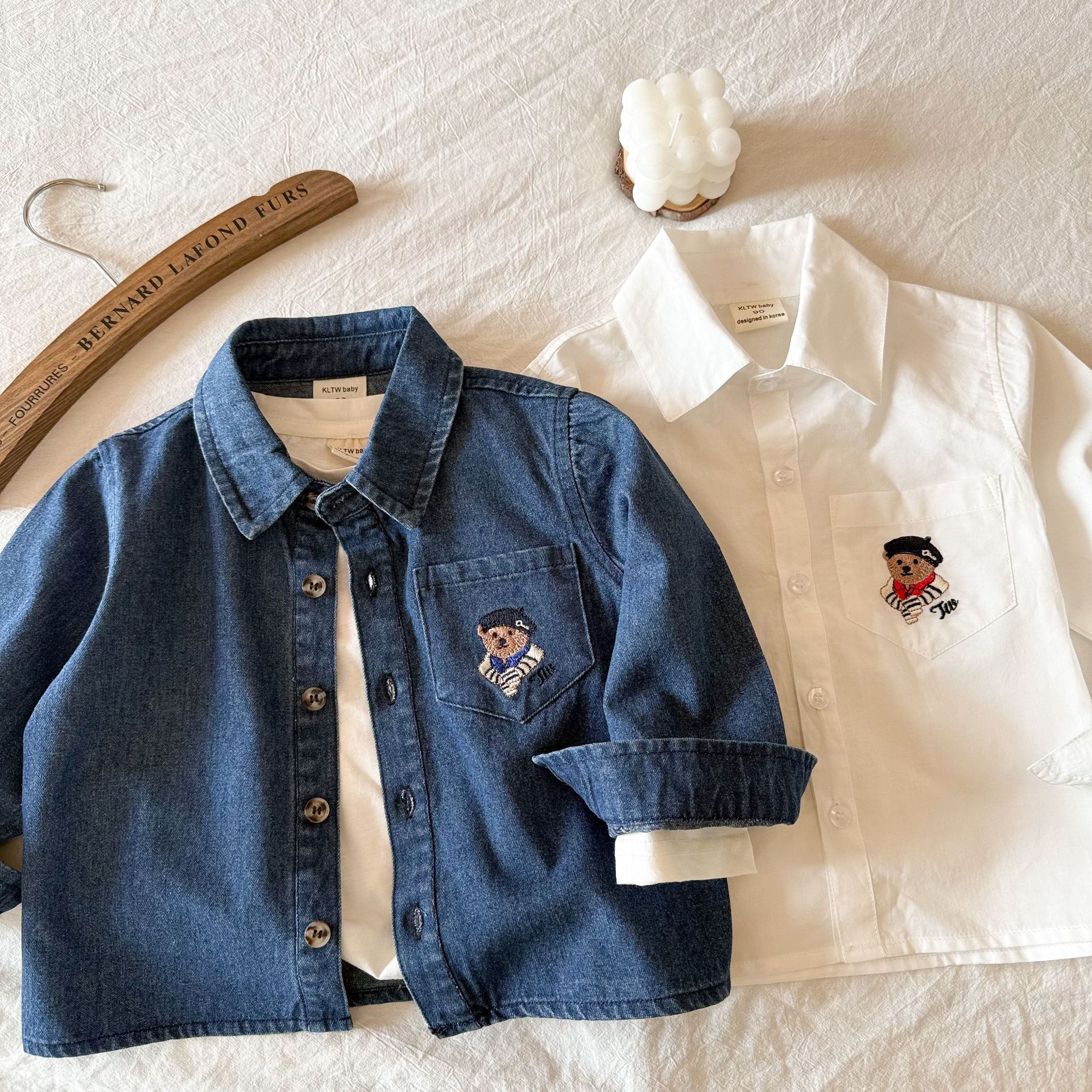 Children's Shirt 2025 Spring and Autumn New Boys and Girls Top Baby Cartoon Denim Top Bear White Shirt