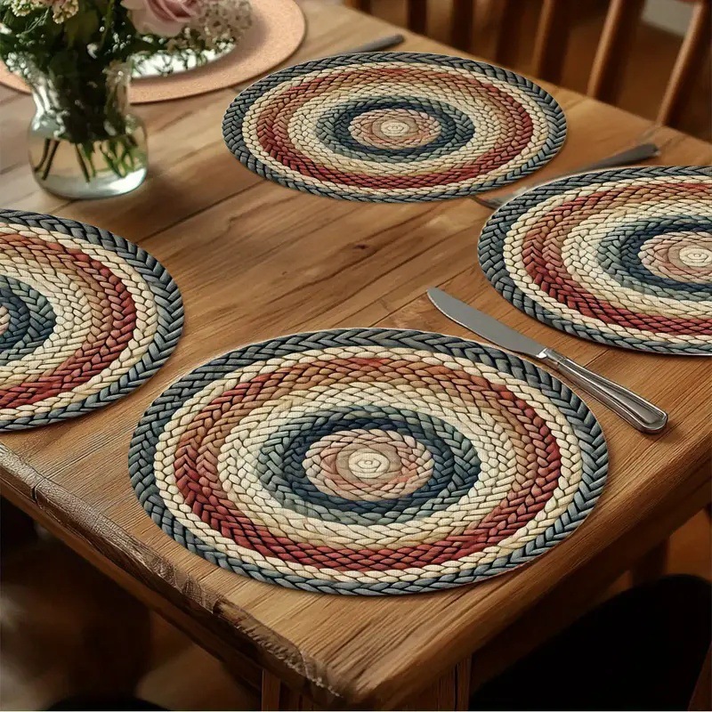 Temu Hot Selling Diamond Pattern 2D Printed Round Placemat Bohemian Style Linen Placemat Customized with Pictures