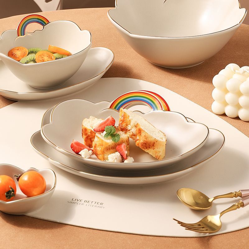 Rainbow Bowl Cloud Creative Breakfast Plate Fruit Salad Bowl Special-Shaped Plate Tableware Accessible Luxury Exquisite Dish Chopsticks Soup Bowl Set