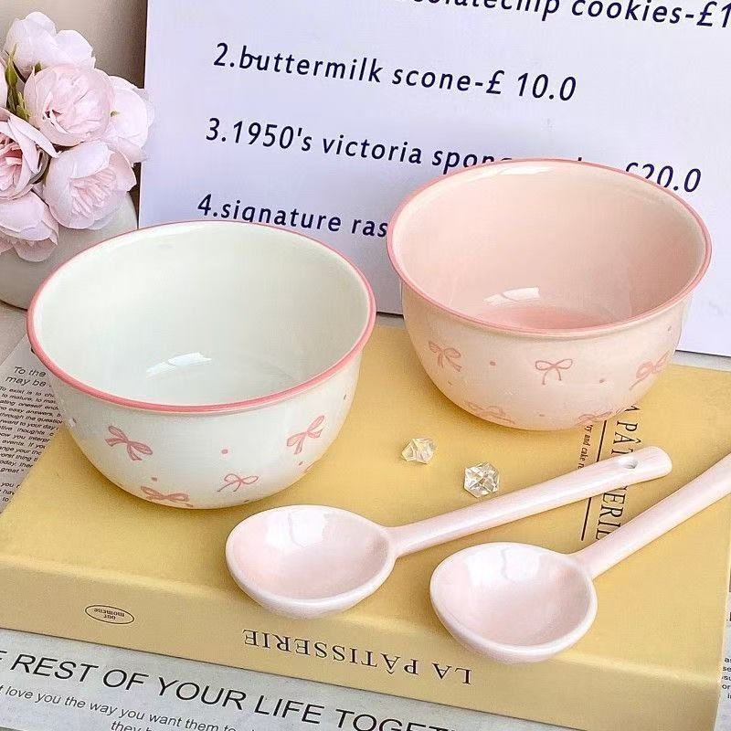 Internet Celebrity Christmas New Year Pink and White Butterfly Underglaze Ceramic Rice Bowl Girly Heart Home Breakfast Bowl Dessert Bowl