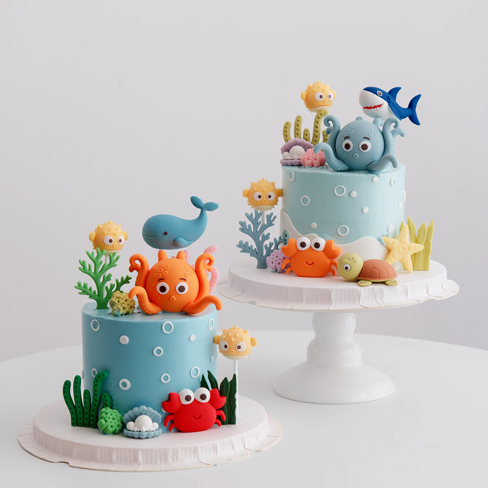 Ocean Cake Decoration, Ocean World Theme Decoration, Octopus, Porcupine, Shark, Whale, Seaweed, Crab, Shan