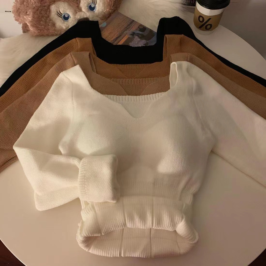 Autumn and winter with chest pad thermal underwear women's autumn top long sleeve inner wear outer wear knitted sweater bottoming shirt