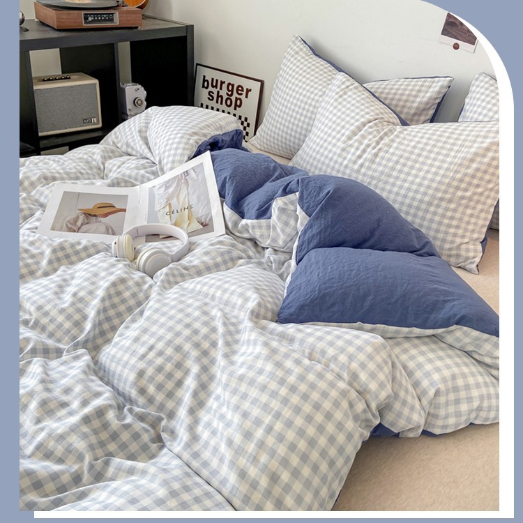 Ins Fengshui Wash Cotton Plaid Quilt Cover Single Piece 150x 200x 230cm Single Quilt Cover Dormitory Single Three Piece Set