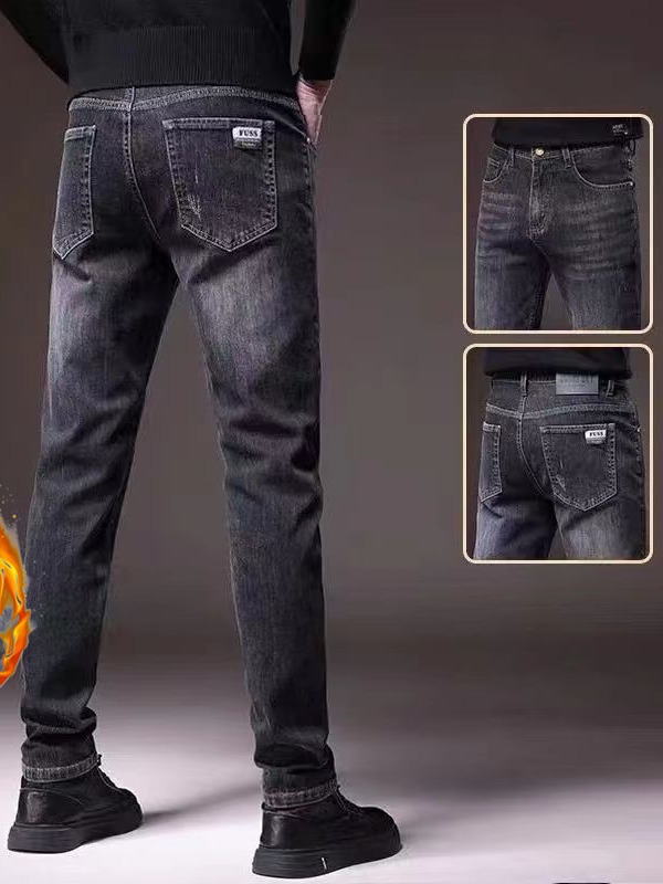Foreign trade export men's clothing autumn and winter fleece-lined thick jeans men's straight slim stretch trousers high-end retro fashion