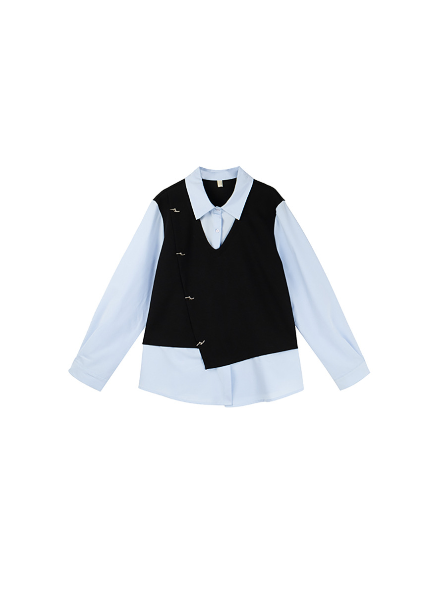 Double Day Plus Size Fat Girl Slimming Look Design Fake Two-Piece Vest Shirt Women's Polo Collar Long-Sleeved Top 8693