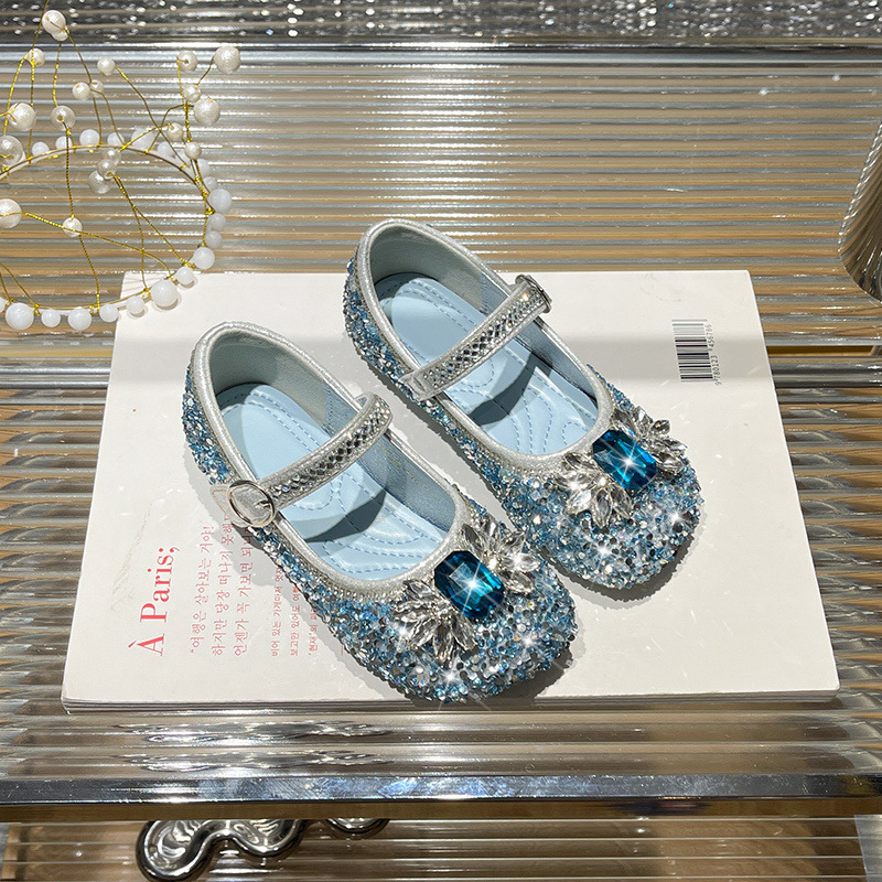 Girls Princess Shoes 2025 Spring and Autumn New Rhinestone Shiny Elsa Catwalk Shoes Non-Slip Soft Sole Girls' Peas Shoes