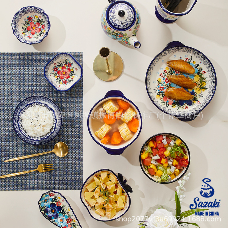 Export Export Ceramic Tableware Underglaze Color Household Bowls, Plates, Spoons, Soup Bowls, Simple Ceramic Tableware, High-End