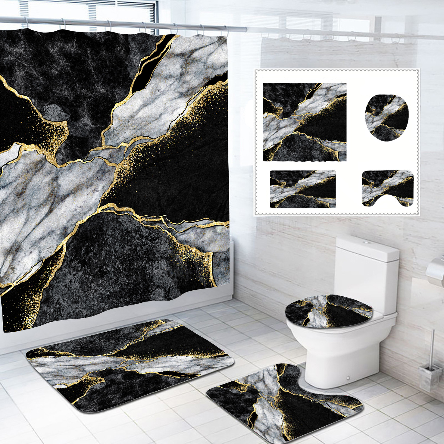 Bathroom Shower Curtain Floor Mat Four-piece Set Amazon Marble Hot-selling Style Waterproof Partition Curtain Floor Mat Three-piece Set