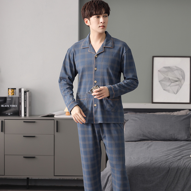 Long-Sleeved Pajamas for Men Spring and Autumn New Imitation Cotton High-End Plaid Suit Plus Size Casual Can Be Worn Outside Home Clothes