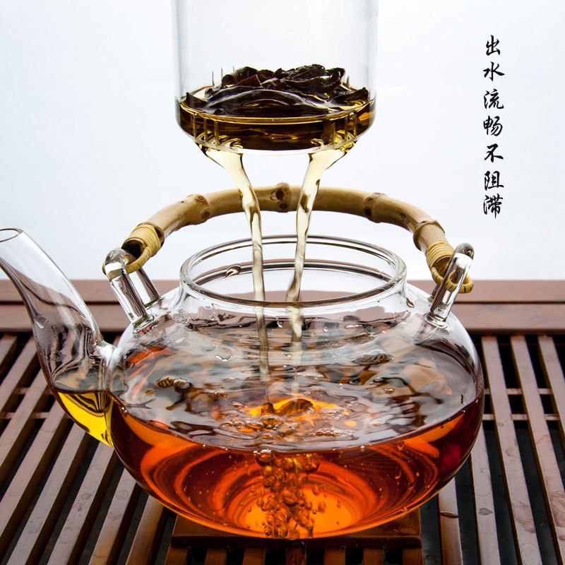 Factory glass teapot vintage bamboo handle Beam Pot glass tea set thickened high temperature resistant fruit red teapot scented tea