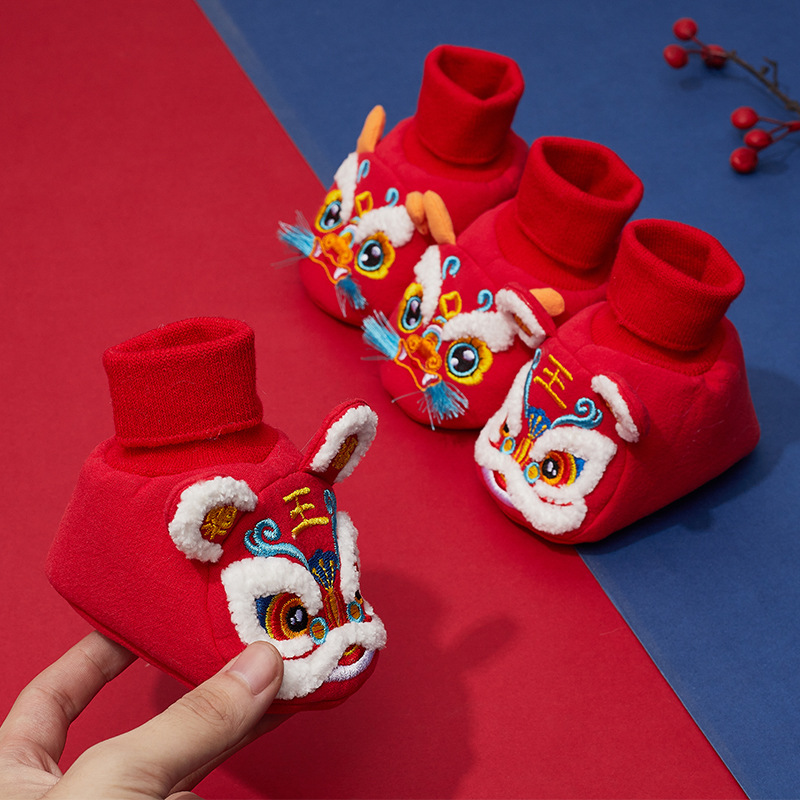 Winter Warm Dragon Tiger Head Socks Shoes Baby Red Full Moon Grab Week Soft Bottom Tiger Head Cotton Shoes Chinese Style Baby Floor Socks