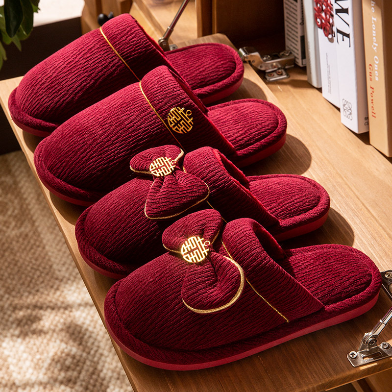 Пара зимних красных свадебных тапочек, с флисовой подкладкой и утолщением, для невесты и жениха, свадебные тапочки для новобрачных
