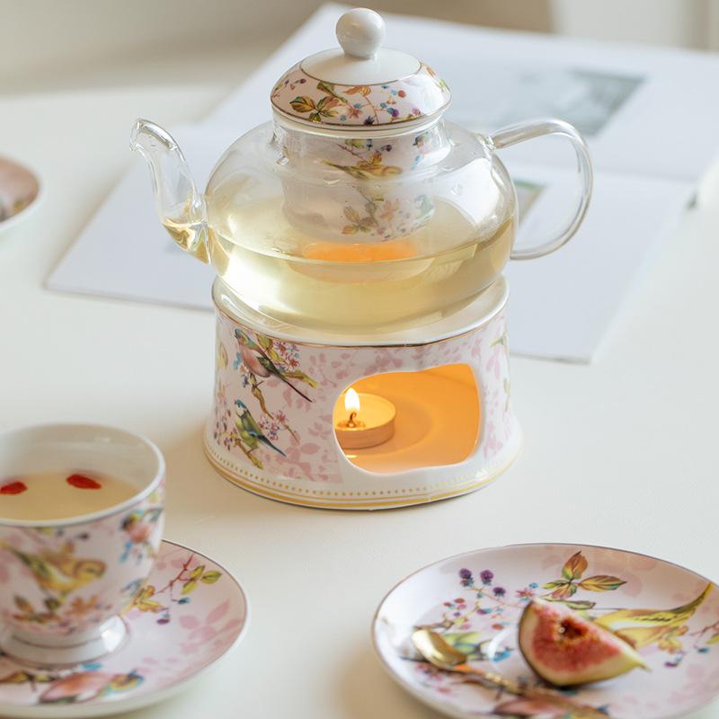 British Afternoon Pink Bird Tea Set Flower Teapot Candle Heating French Afternoon Tea Set Fruit Teapot