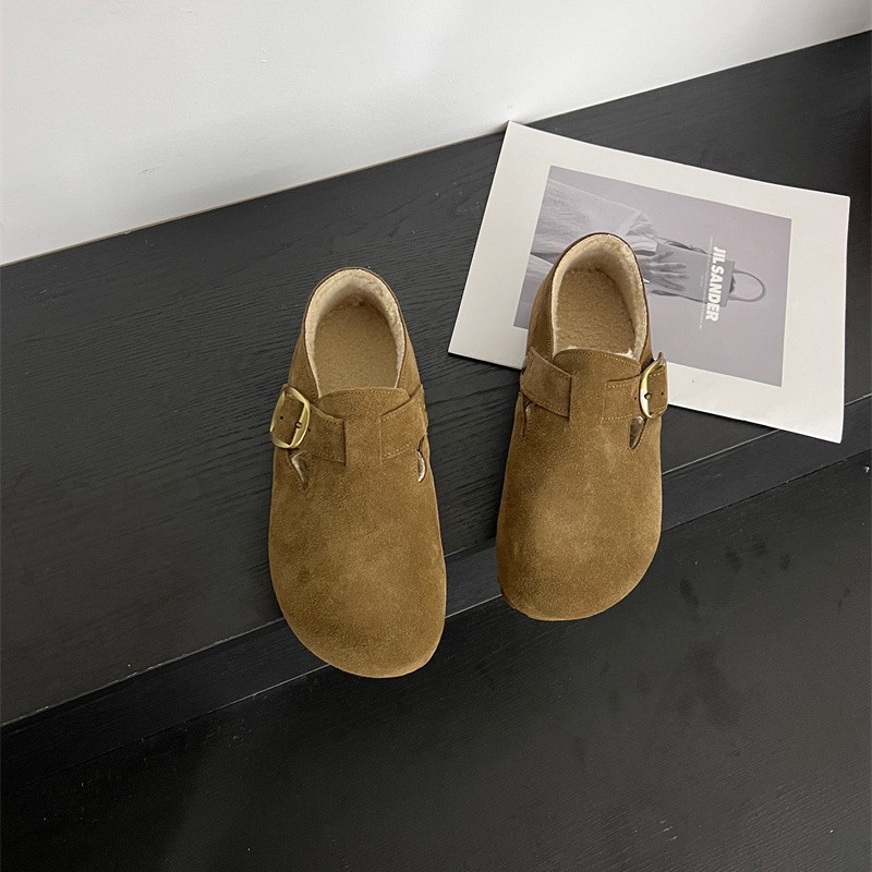 Frosted Cowhide 2025 Winter New Korean Style Fashionable Versatile Fleece-Lined Birkenstock Shoes Soft Sole Soft Bun Toe Shoes