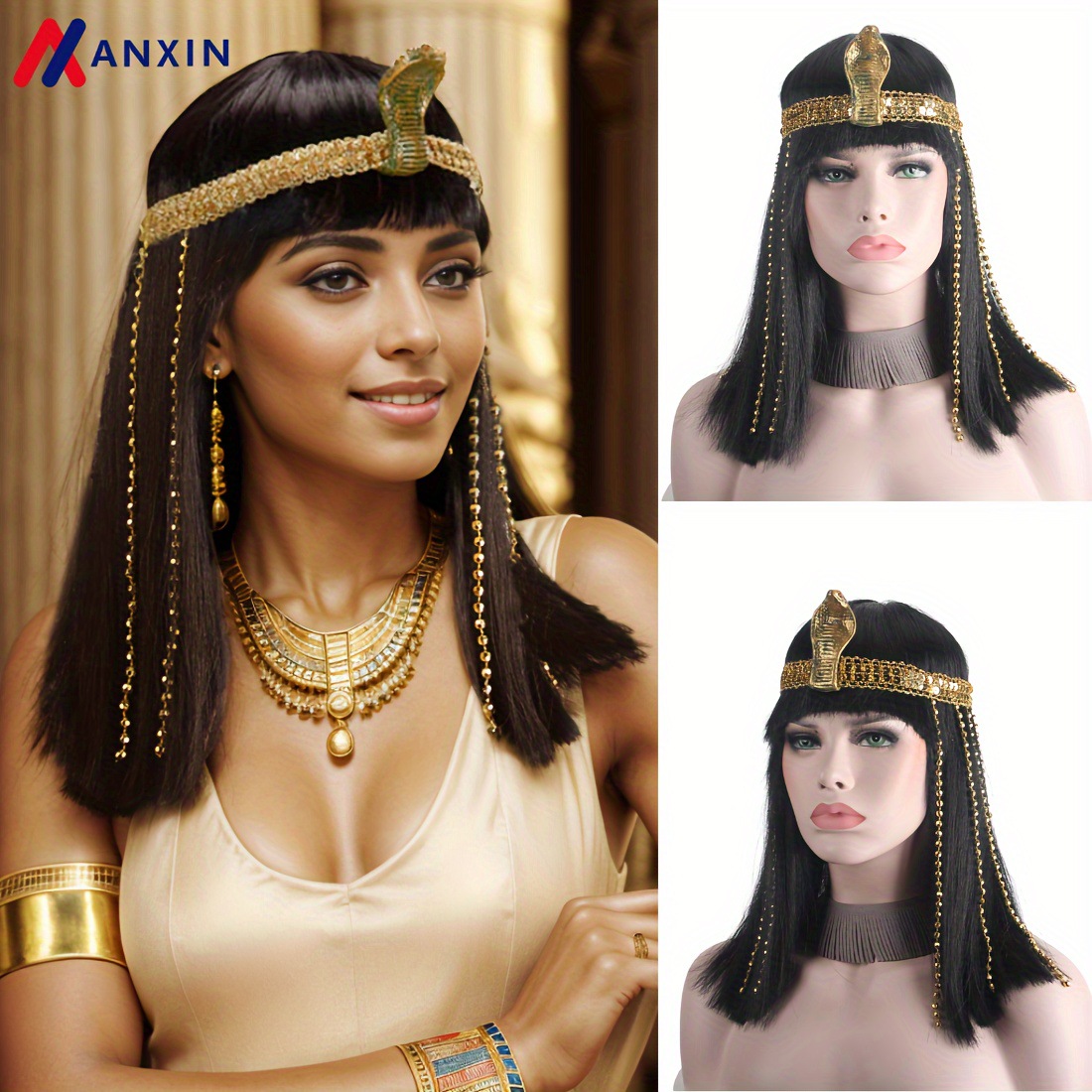 Cleopatra Cosplay Wig Headgear with Snake Head Accessories Black Long Straight Hair Wig Chemical Fiber Hair