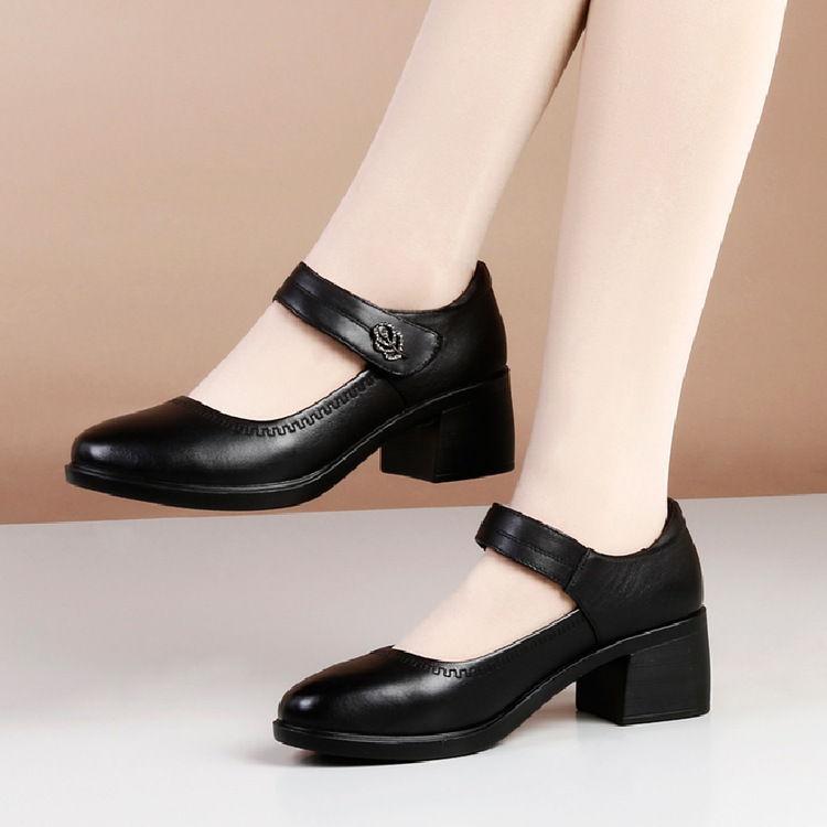 Foreign Trade Genuine Soft Leather Soft Sole Flats for Women 2025 New Medium Heel Mom Shoes Thick Heel Flats Bottom Round Toe Korean Style Small Leather Shoes