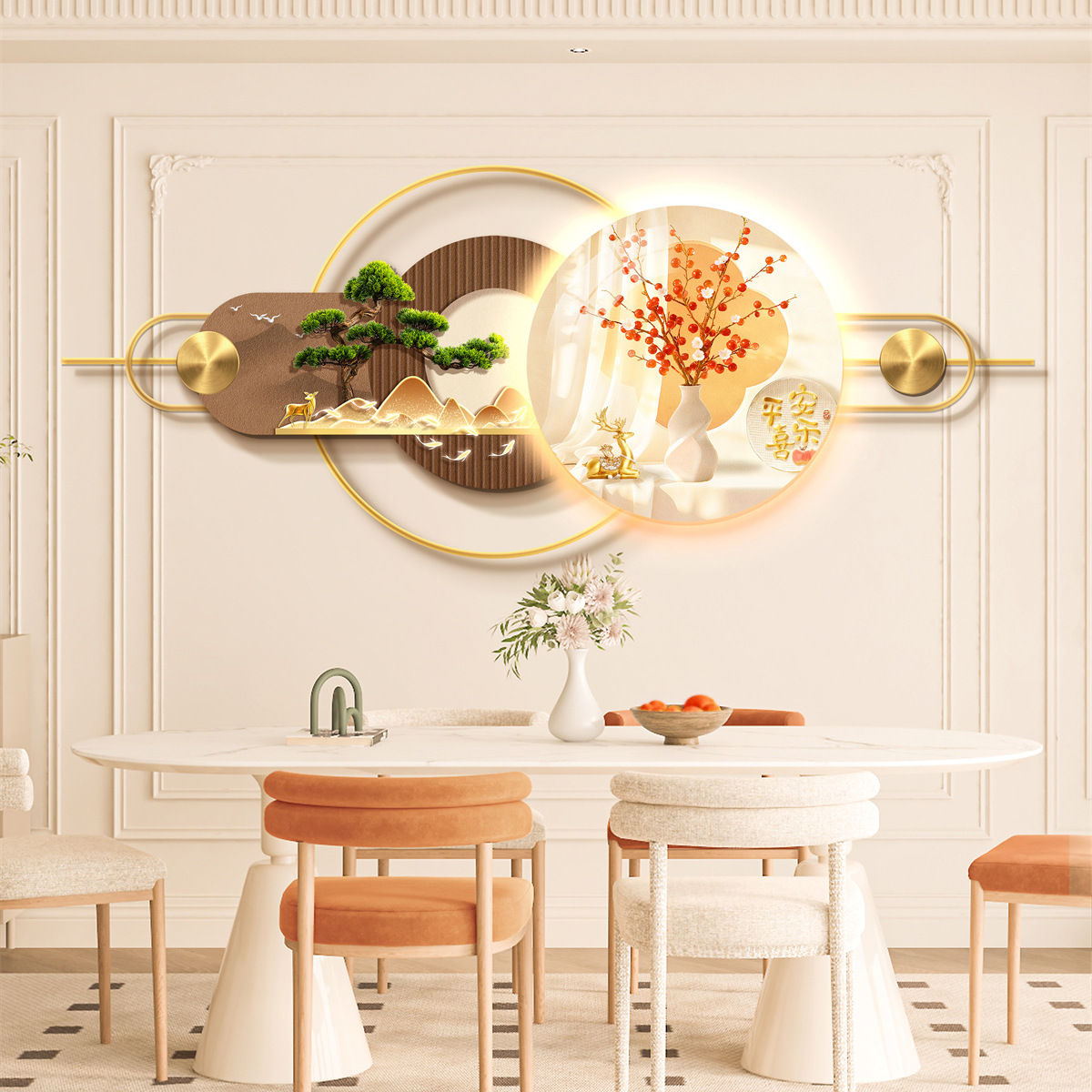 Restaurant Three-Dimensional Mural Decorative Painting Atmosphere Light Painting High-End Room Background Wall Aluminum Alloy Combination Hanging Painting