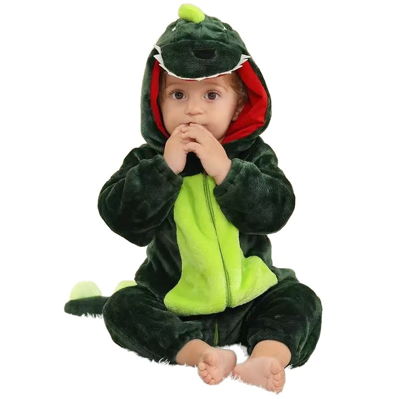 New Fruit Green Dinosaur Cartoon One-Piece Children's Pajamas Factory Direct Supply Autumn and Winter Flannel Home Clothes Dropshipping