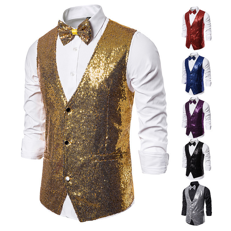 Amazon Men's Stage Performance Clothing Sequin Vest Without Tie Vest for Studio Photography Host Singer