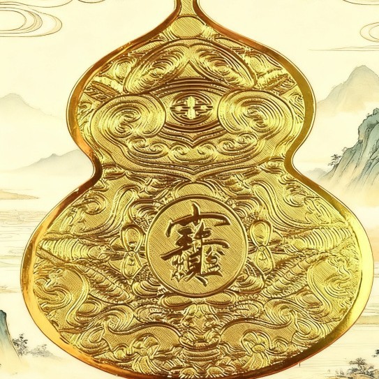 Китайский золотой ornament в форме тыквы, символизирующий богатство и процветание, с самоклеящейся основой для легкого крепления